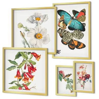 Poliptic înrămat cu decor vintage cu flori, fluturi și păsări