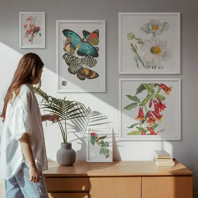 Poliptic înrămat cu decor vintage cu flori, fluturi și păsări