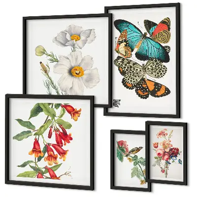 Poliptic înrămat cu decor vintage cu flori, fluturi și păsări