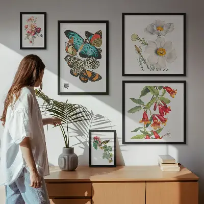 Poliptic înrămat cu decor vintage cu flori, fluturi și păsări