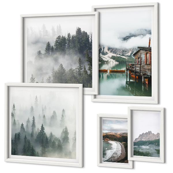 Decorațiune de perete set tablouri Peisaje montane, cabane, apă