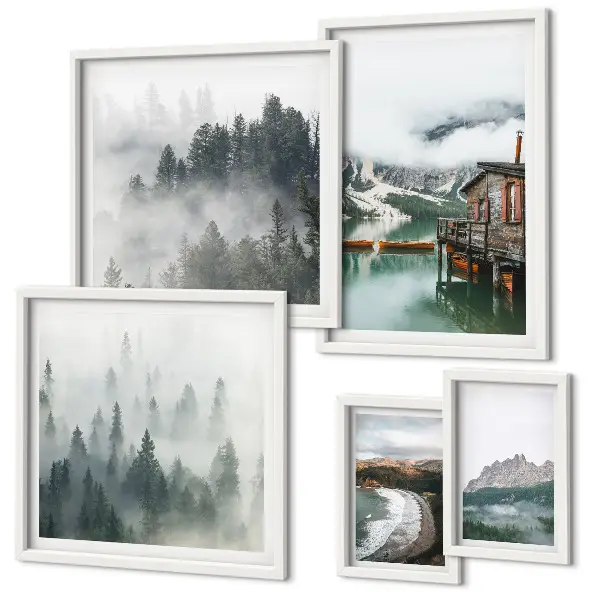 Set de tablouri decorative pentru perete peisaje montane cu cabane și apă
