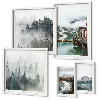 Set de tablouri decorative pentru perete peisaje montane cu cabane și apă