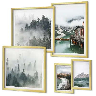 Set de tablouri decorative pentru perete peisaje montane cu cabane și apă
