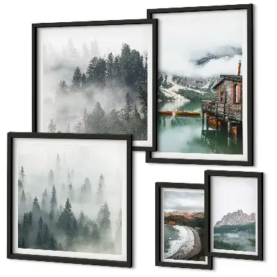 Set de tablouri decorative pentru perete peisaje montane cu cabane și apă