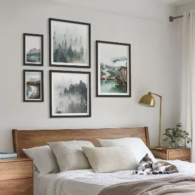 Set de tablouri decorative pentru perete peisaje montane cu cabane și apă