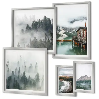 Set de tablouri decorative pentru perete peisaje montane cu cabane și apă