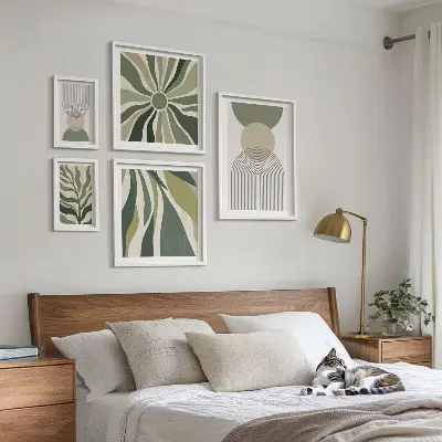 Tablou poliptic înrămat cu model de abstracțiuni elegante în nuanțe de verdeață
