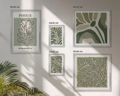 Tablou poliptic înrămat cu forme abstracte de plante în stil boho