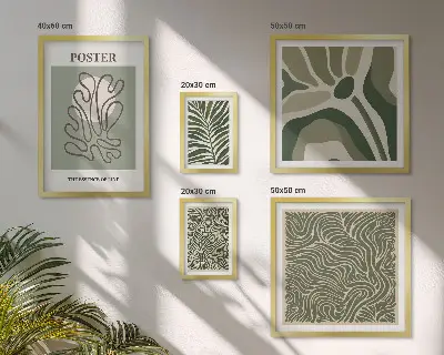 Tablou poliptic înrămat cu forme abstracte de plante în stil boho
