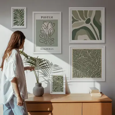 Tablou poliptic înrămat cu forme abstracte de plante în stil boho