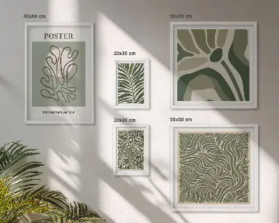 Tablou poliptic înrămat cu forme abstracte de plante în stil boho