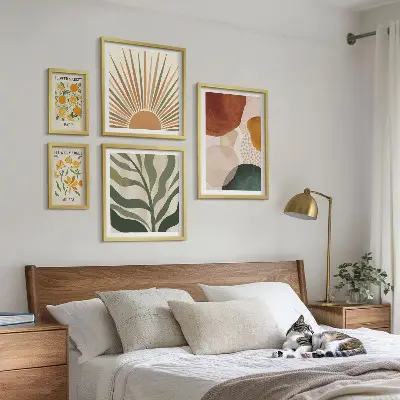 Set tablouri decorative pentru perete cu design grafic și motive vegetale geometrice