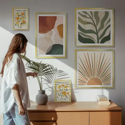 Set tablouri decorative pentru perete cu design grafic și motive vegetale geometrice