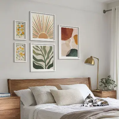 Set tablouri decorative pentru perete cu design grafic și motive vegetale geometrice
