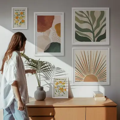 Set tablouri decorative pentru perete cu design grafic și motive vegetale geometrice