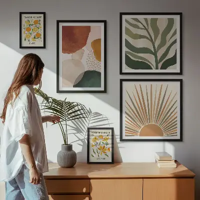 Set tablouri decorative pentru perete cu design grafic și motive vegetale geometrice