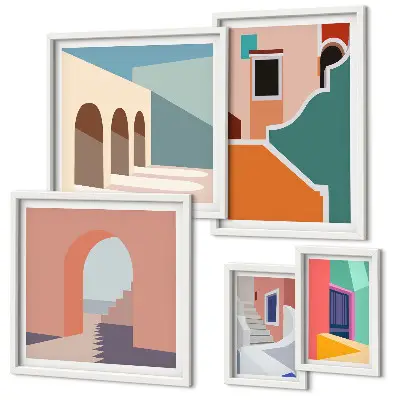 Ilustrații colorate ale clădirilor set de tablouri poliptice înrămate