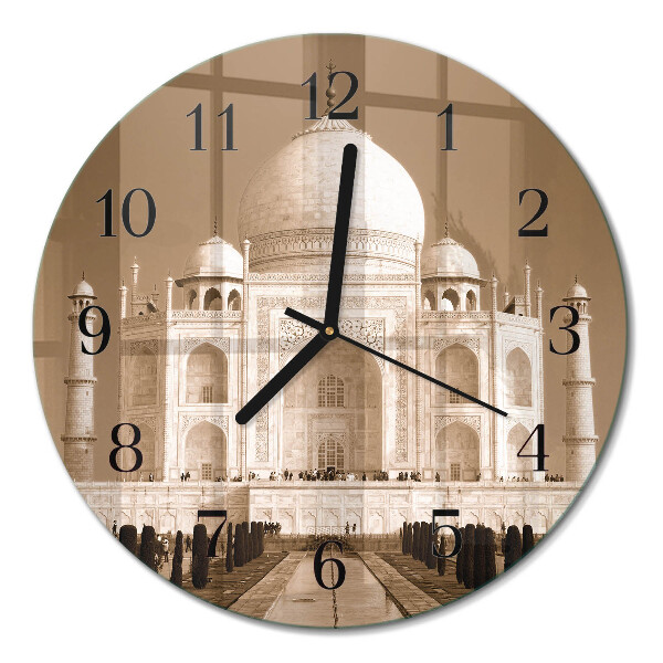 Ceas perete din sticlă rotund Taj Mahal în sepia