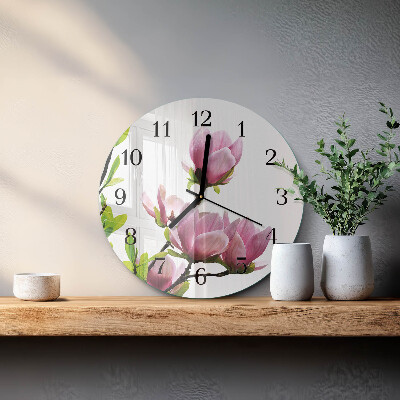 Ceas perete din sticlă rotund Floare de magnolie